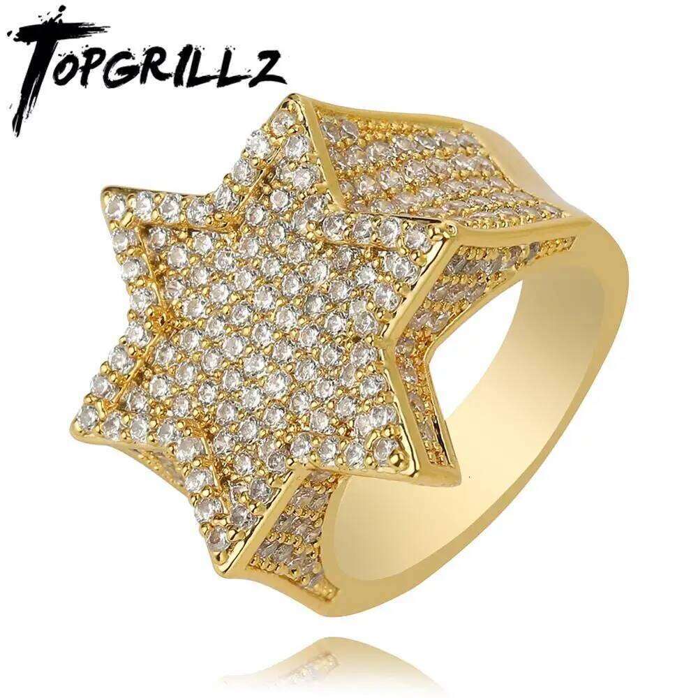 New Iced Out Hexagon Star Rings For Men/Women Micro Paved Gold Silver Color Finish Cubic Zircon Charm Hip Hop Jewelry Ring Gift H260312