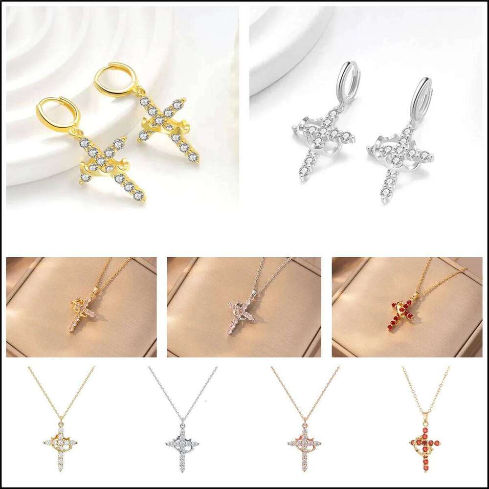 Rotatable Crown Rhinestone Choker Necklace Earrings Rings for Women Minimalist Cross Chain Christian Jewelry Prayer Gift H260312