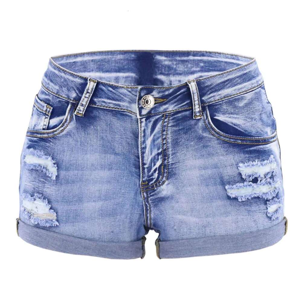 Women's Split Denim Summer Beach Wild Fashion Sexy Mid Waist Curled Cuff Perforated Elastic Slim Fit Casual Shorts