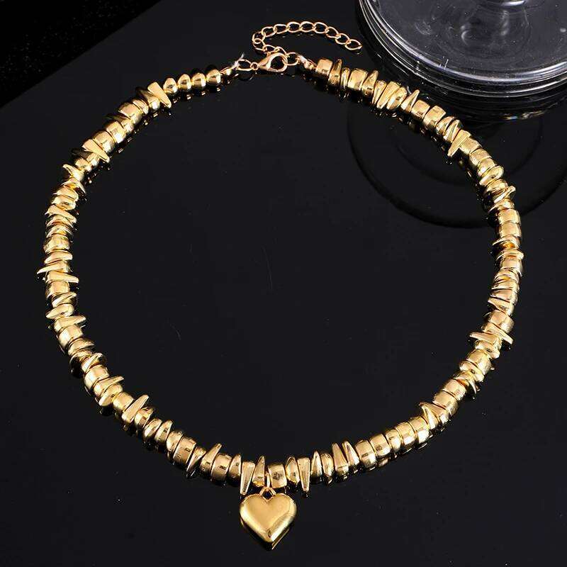 Gold Silver Color Heart Pendant Y2K Choker Necklaces for Women Fashion Texture Irregular CCB Beaded Necklace Daily Party Jewelry H260312