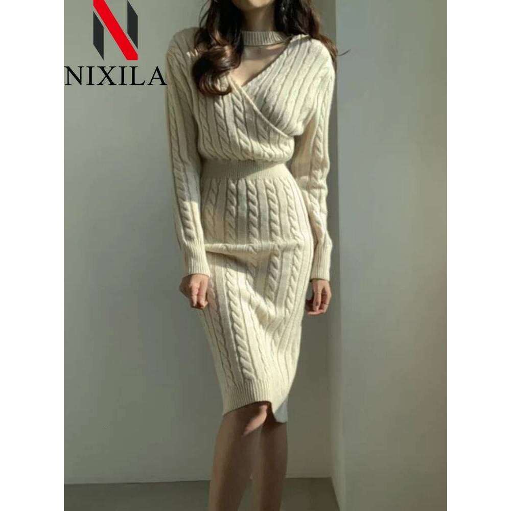 Spring Autumn Women Knitted Tops Pullover Skirt V-neck Long Sleeves Slim Sweater Dress Fashion Elegant Female Clothing Z260313