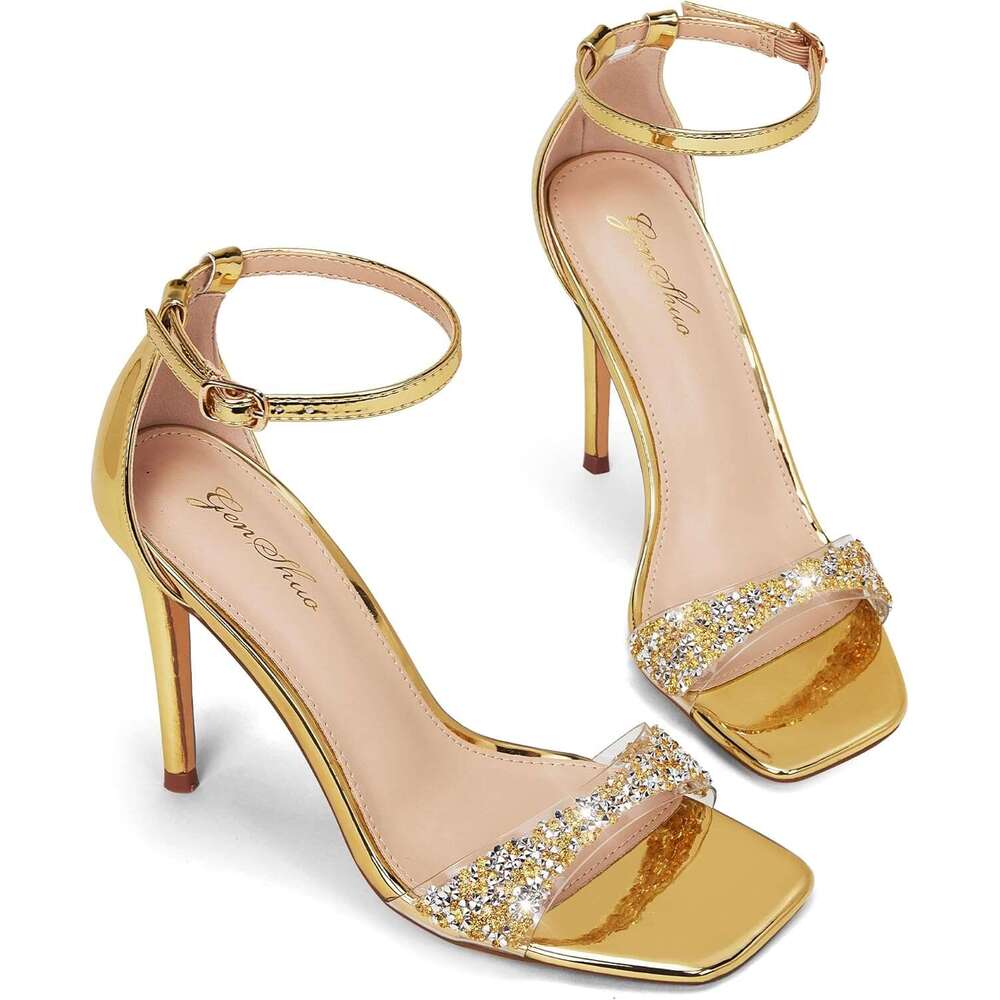 High Heeled Sandals For Women One Heels With Square Open Toe Inch Stiletto Ankle Strap Shoes Elegant Sexy Dress Wedding Party MOJIDASHU