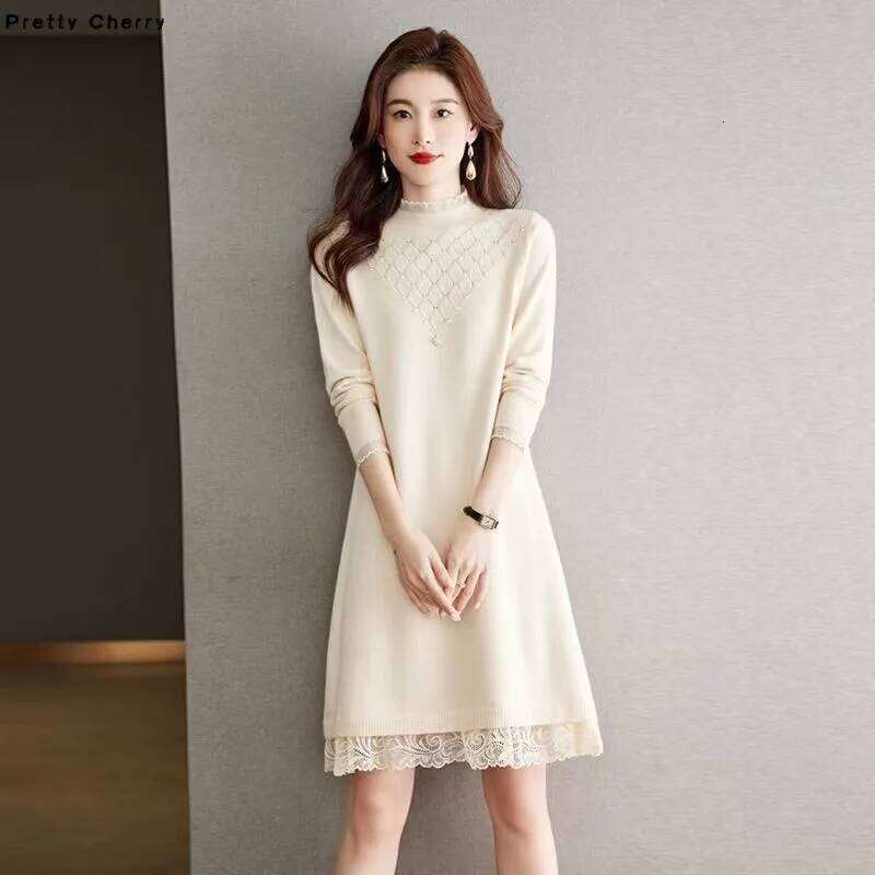 2025 Autumn Winter Women's Lace Stitching Dress Over The Knee Long Female Sweater Skirt Knitted Round Neck With Vestidos Z260314