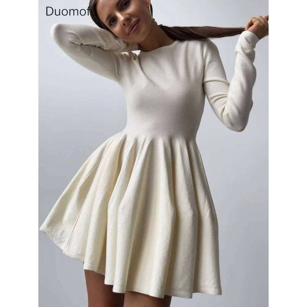 Duomofu Knit Mini Dresses Women Autumn Winter Long Sleeve Sweater Female Elegant Fashion Slim A Line Pleated Dress Vestido Z260313
