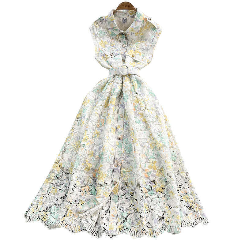 2026 designer's elegant and exquisite water-soluble lace printed A9 women's lapel dress with a brand new single breasted button