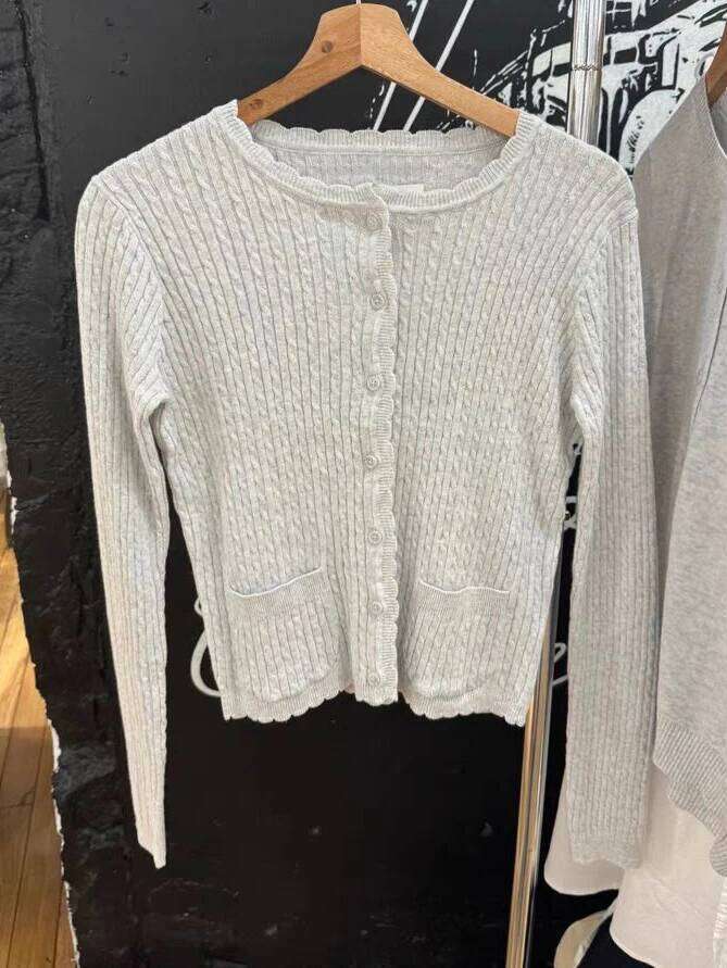 Lace Trim Twisted Cardigan Sweater Women Autumn Crew Neck Single Breasted Pocket Knitwear Sweet Casual Simple Long Sleeve Jumper Z260313