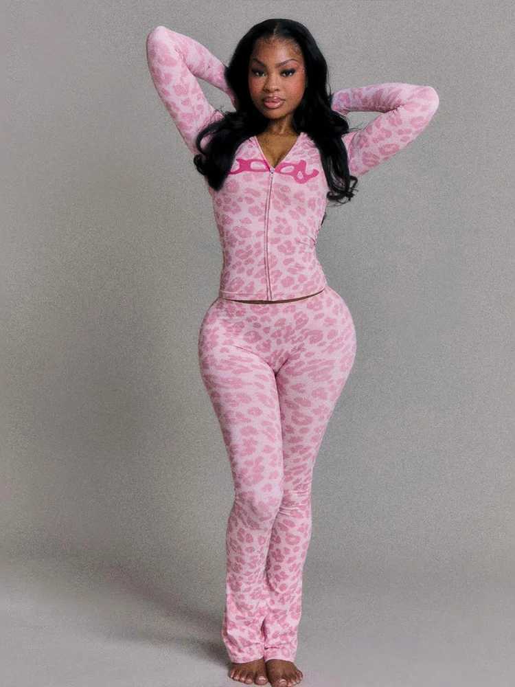 Weird Puss Letter Leopard Print 2 Piece Set Women Casual Zip Hooded Crop JackeLeggings Matching Stretch Sporty Street Outfits M260313