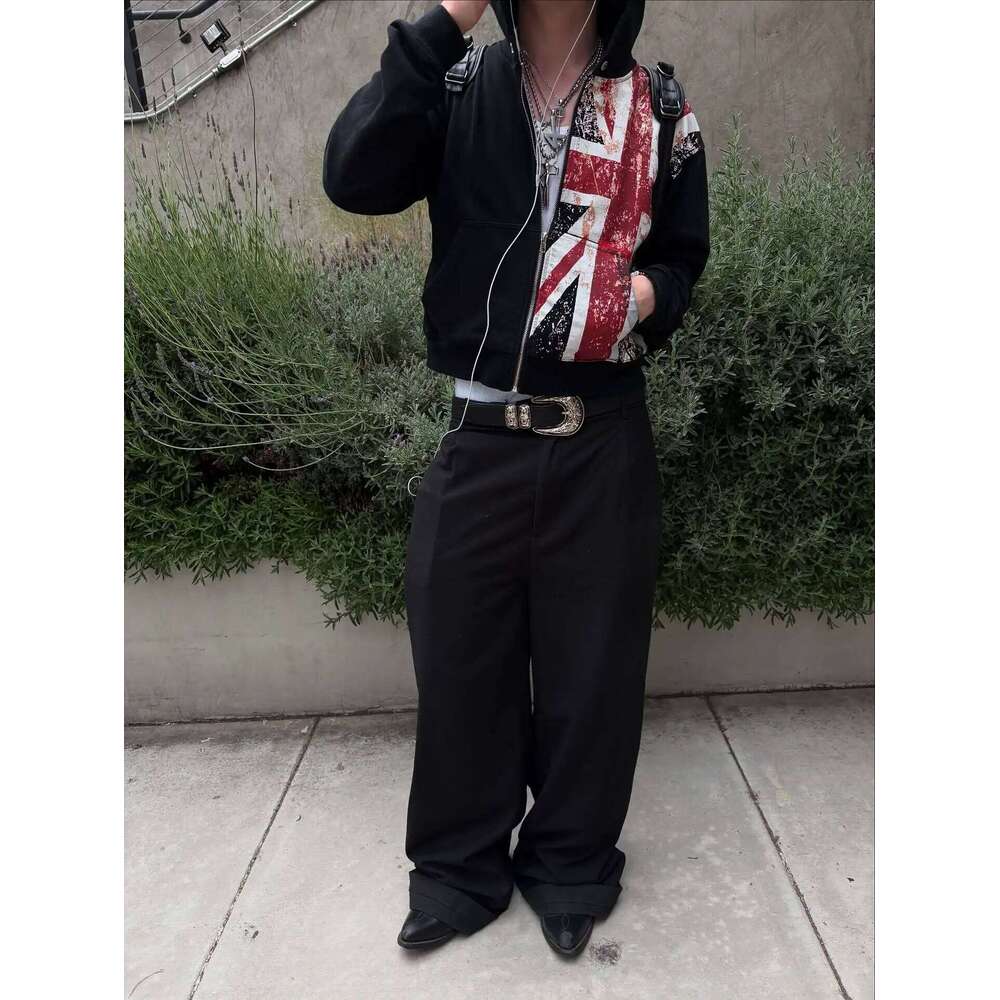 British flag printed cardigan hooded fashionable solid color oversized sweatshirt Y2K Harajuku Hip Hop Gothic casual clothes Z260315