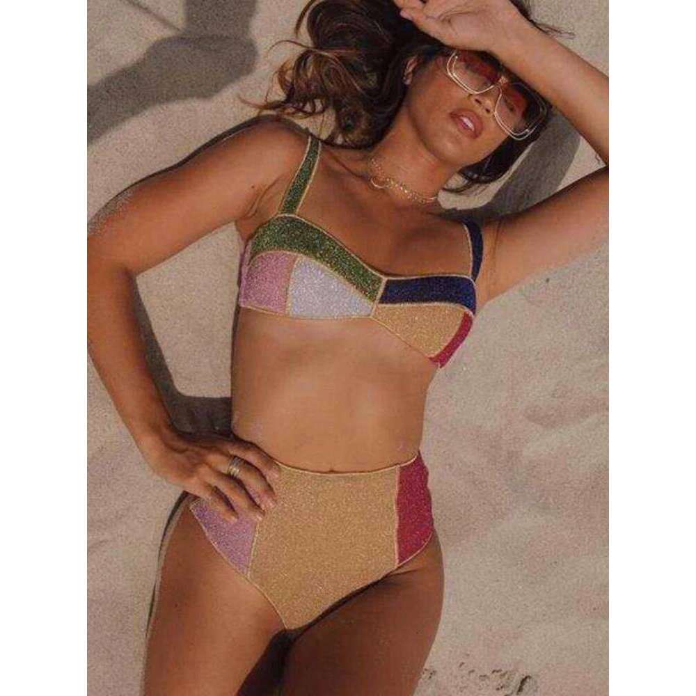 High Waist Bikini Women Swimsuit Contrast Patchwork Swimwear Female 2021 New Sexy Glitter Bathing Suits Summer Beach Wear XL Y260303