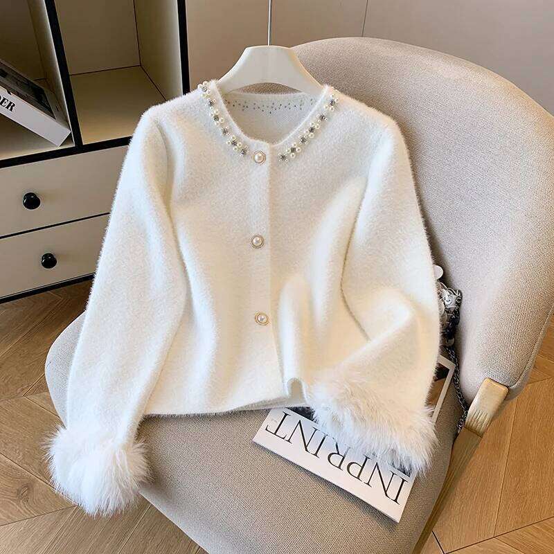 Women Knitted Cardigan Nail Bead Round Neck Long Sleeve Splicing Plush Design Autumn Winter New Style Western Sweater Coat Z260314