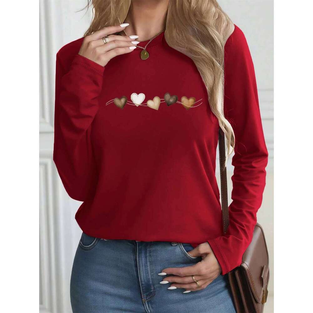 Women's autumn and winter 100% pure cotton fashionable casual heart-shaped printed round neck long sleeved T-shirt top Z260314