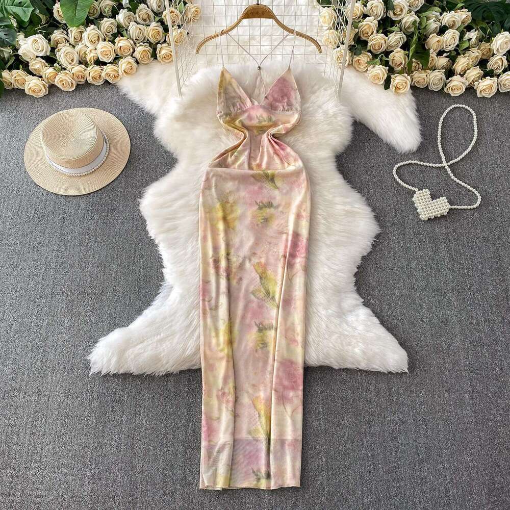 Women's sexy backless V-neck backless suspender 2026 summer mesh printed waist slimming long skirt