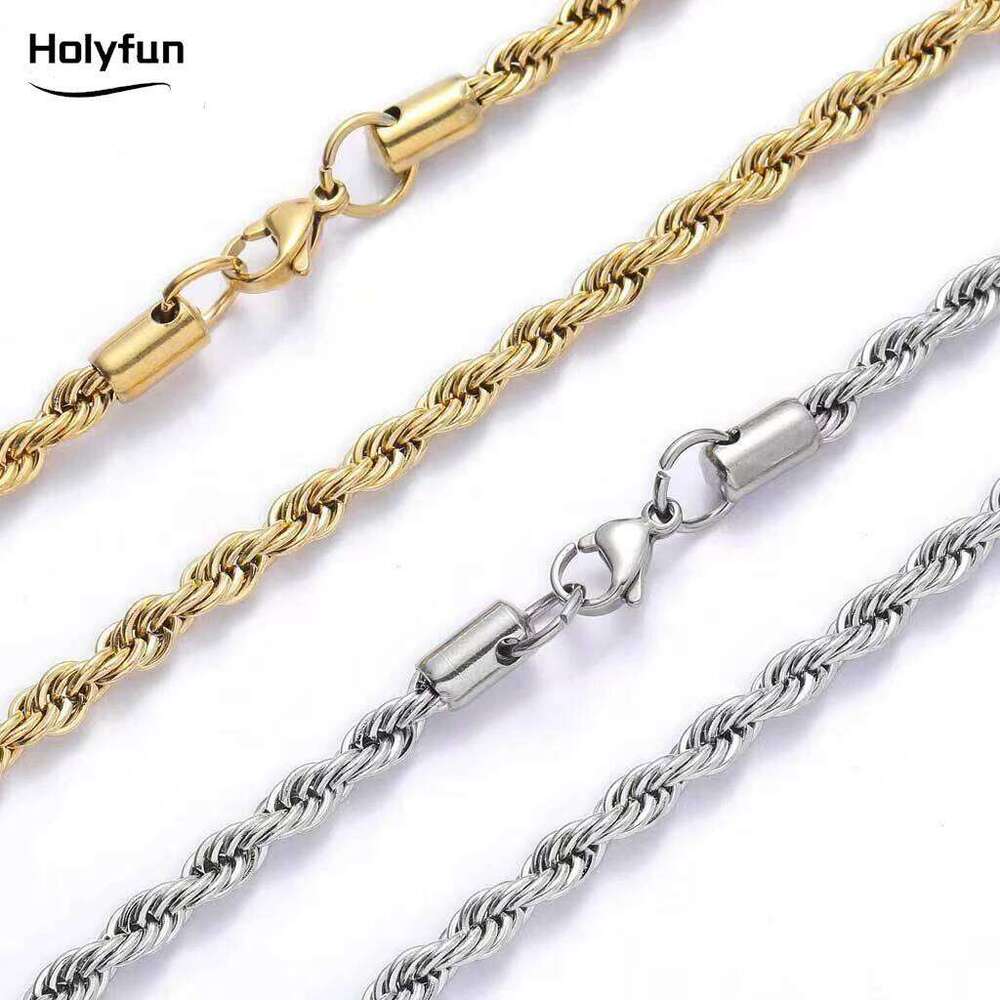 Ropes Long Necklace for Men Women,Stainless Steel Minimalist Twist Rope Necklace,Punk Gold Silver Black Color Chain H260312