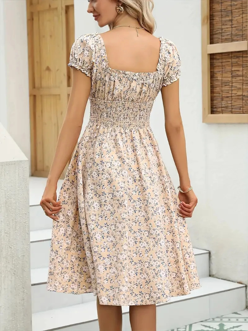 Vintage floral dress with fluffy cuffs and pleated waist cinching suitable for womens summer beach wear parties 260313