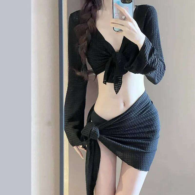 Women's Long Sleeve Knit Bikini Set, Pure Sexy Push-Up Swimsuit with Cover-Up, Elegant Resort Swimwear for Vacation Beach 26H0313