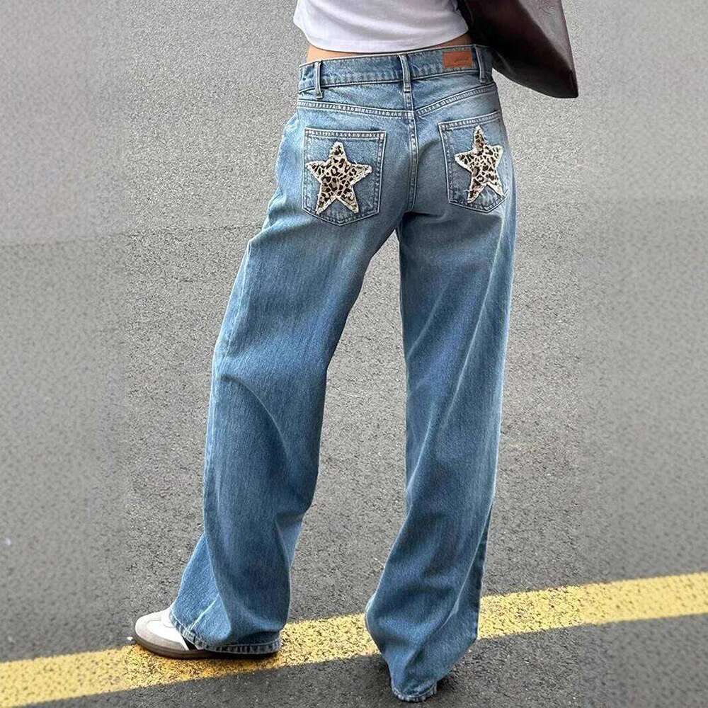 American Retro Street Leopard Stars Patch Patchwork Loose Casual Women Jeans Denim Straight Pants Z260313