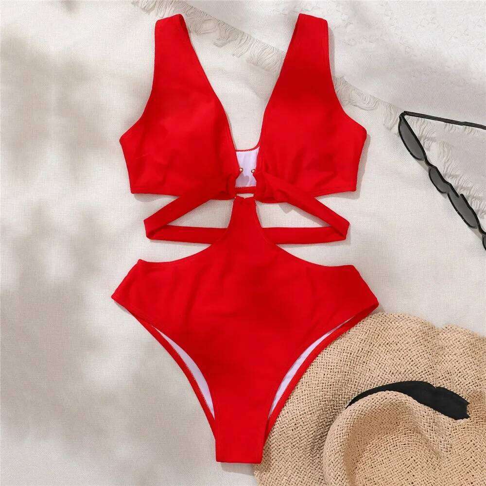 Black Bandage Hollow Out Swimwear One Piece Swimsuit Women Push Up Metal Ring Linked Monokini Bathing Suit Swimming Wear 2025 Y260303