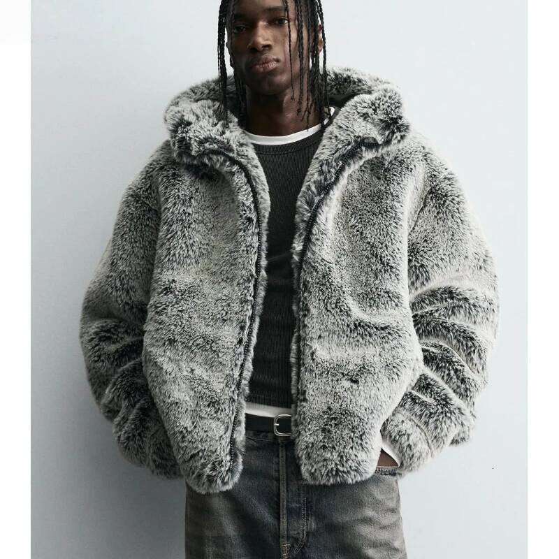 2025 Winter New Imitation Fur Men's Long Sleeve American Thick Hooded Plush Warm Jacket Loose Casual Trendy Fashion Top Z260313