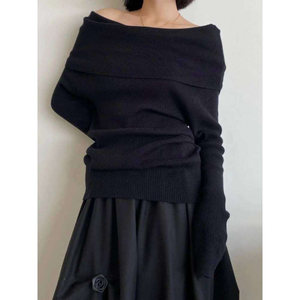 2025 Autumn Winter Off Shoulder Women Sweaters Elegant Vintage Knitted Solid Jumper High Stretch Top Soft Chic Pullovers Z260313