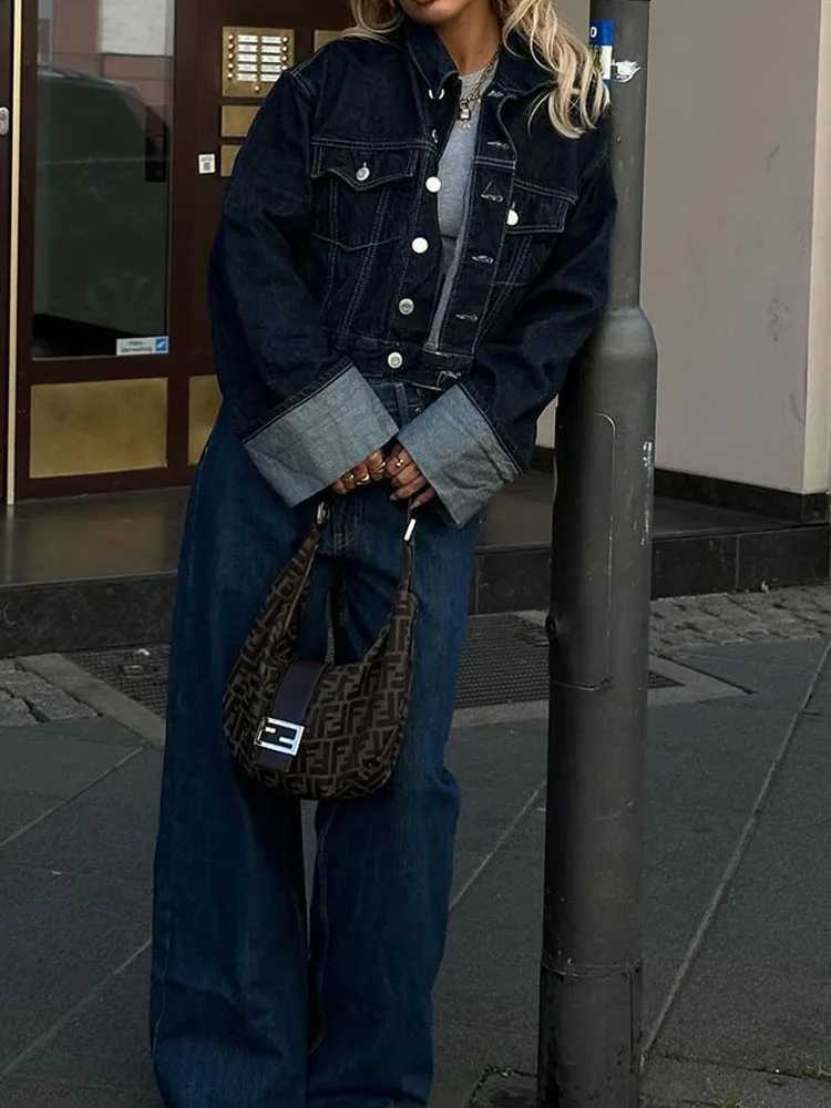 HH Womens Street Denim Suit Retro Splicing Single-breasted Pocket Short JacketHigh-waisted Womens Wide-leg Pants 2-piece M260313