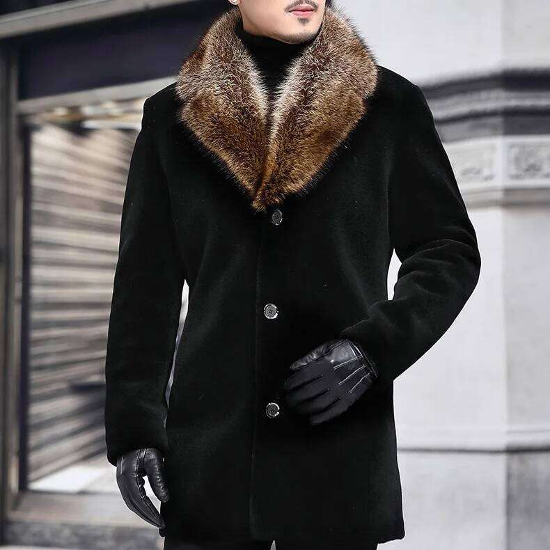 Winter Man Jacket Thicken Mid Length Fur Turn Down Collar Male Over Coat Single-breasted Long Sleeve Daily Men Windbreaker Z260313