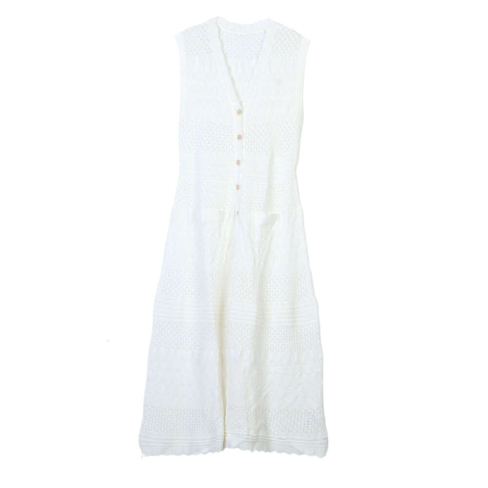 French style women's 2026 spring/summer classic hollow out sleeveless V-neck knitted dress S brand thin vest dress