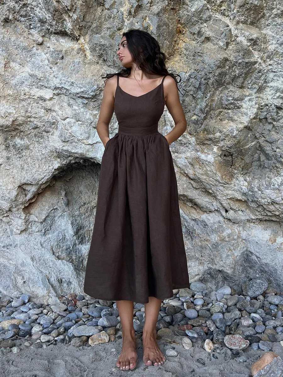 DRC Women 2024 Elegant Lace-Up Pockets A-Line Dresses Summer Sexy Backless Party Pleated Dress Fashion Brown Linen Long DressT260316