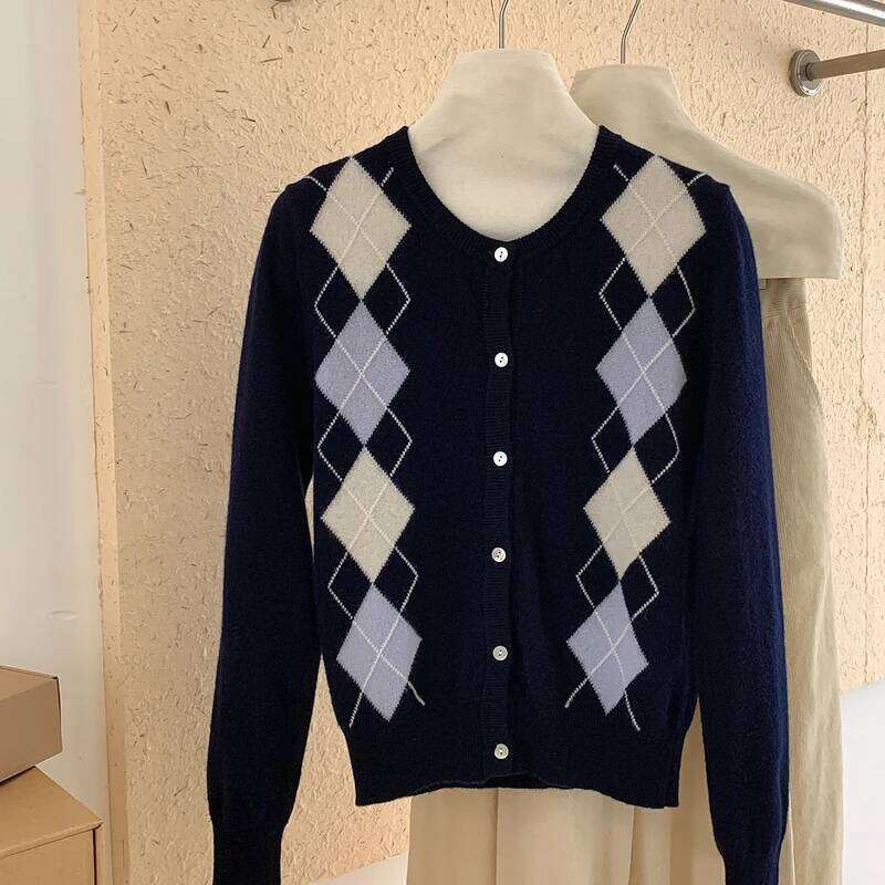 WinvyNee Women's Merino Wool Cardigans Long Sleeve Sweaters O Neck Argyle British Casual Knitted Winter Cropped Coats B1523040 Z260314