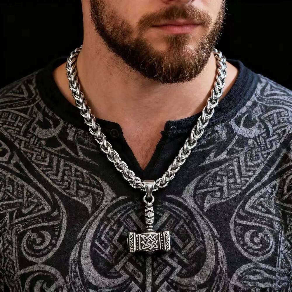 HNSP 316L Stainless Steel Norse Mythology Mjolnir Odin Rune Thor Hammer Pendant Necklace For Men Gift Viking Jewelry Accessories H260312