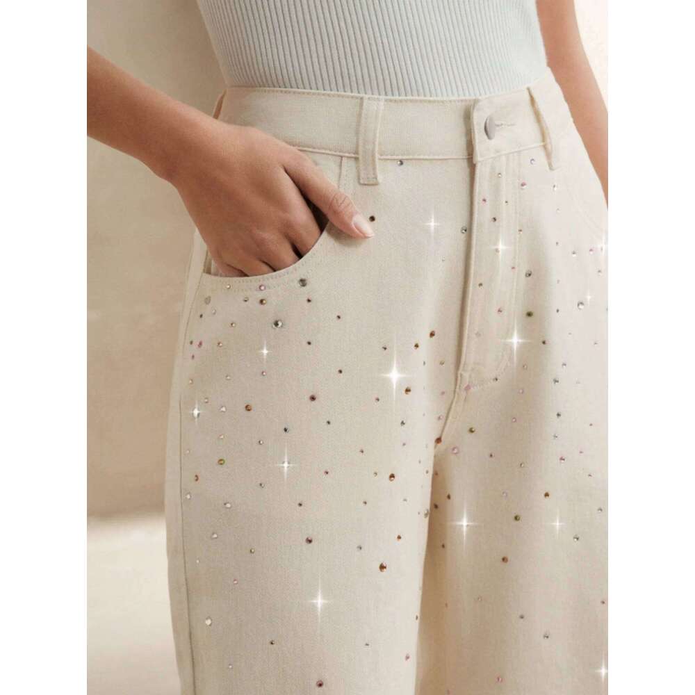 2025 autumn new style white women's wide-leg jeans with colorful design loose fit slimming effect and good draping qua Z260313