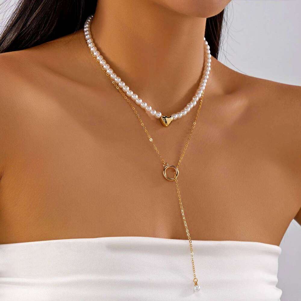 Modern Baroque Imitation Pearl for Women Glittering Heart Gold Color Chain Layered Necklace Party Jewelry Accessories H260312