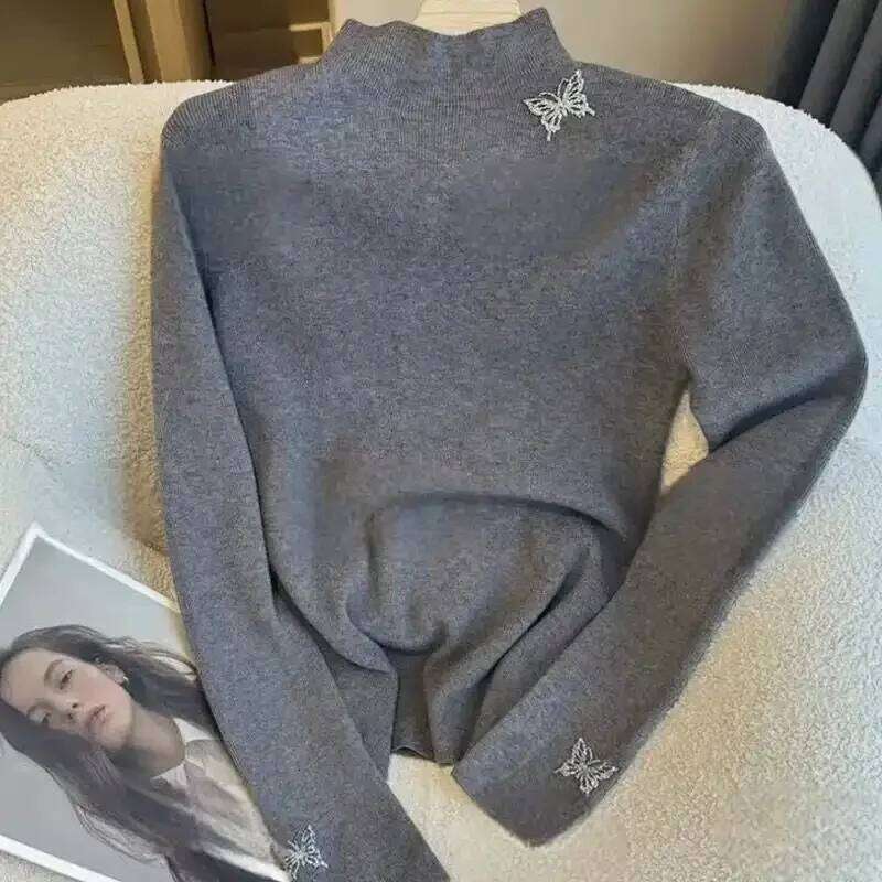 Half Turtleneck Bottoming Women's Sweater Autumn and Winter Fashionable Pullover Butterfly Print Top Z260313