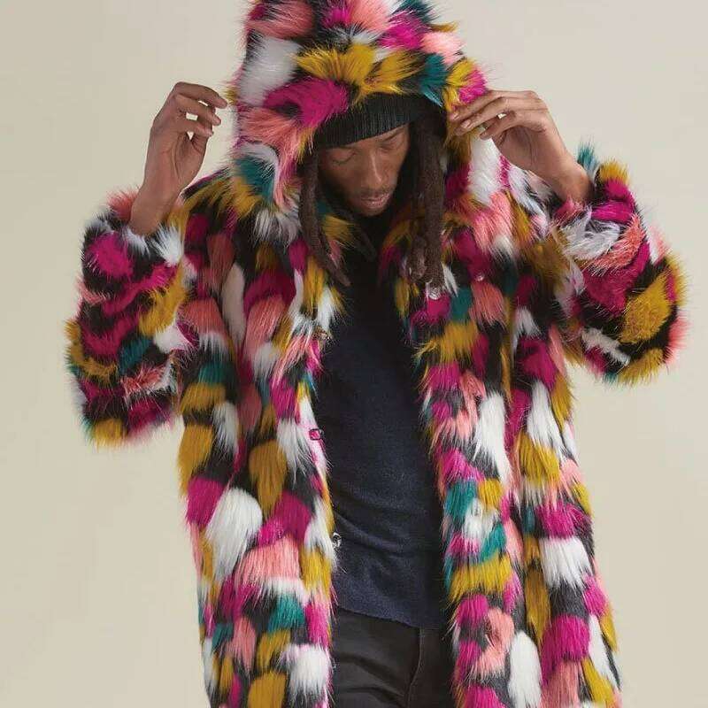 Men Spliced Hooded Cardigan Faux Print Jackets Overcoat Fur Outerwear Coat Loose Autumn Slight Strech High Street 2025 Z260313