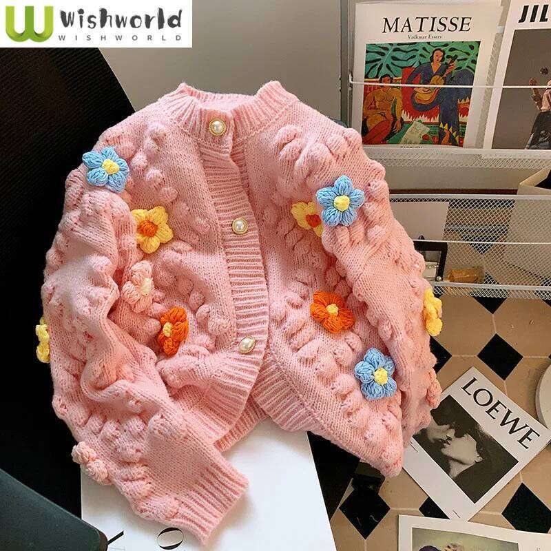 New Autumn and Winter Handmade Crochet Knitted Sweater Women's Three-dimensional Ball Flower Embroidery Cardigan Z260313