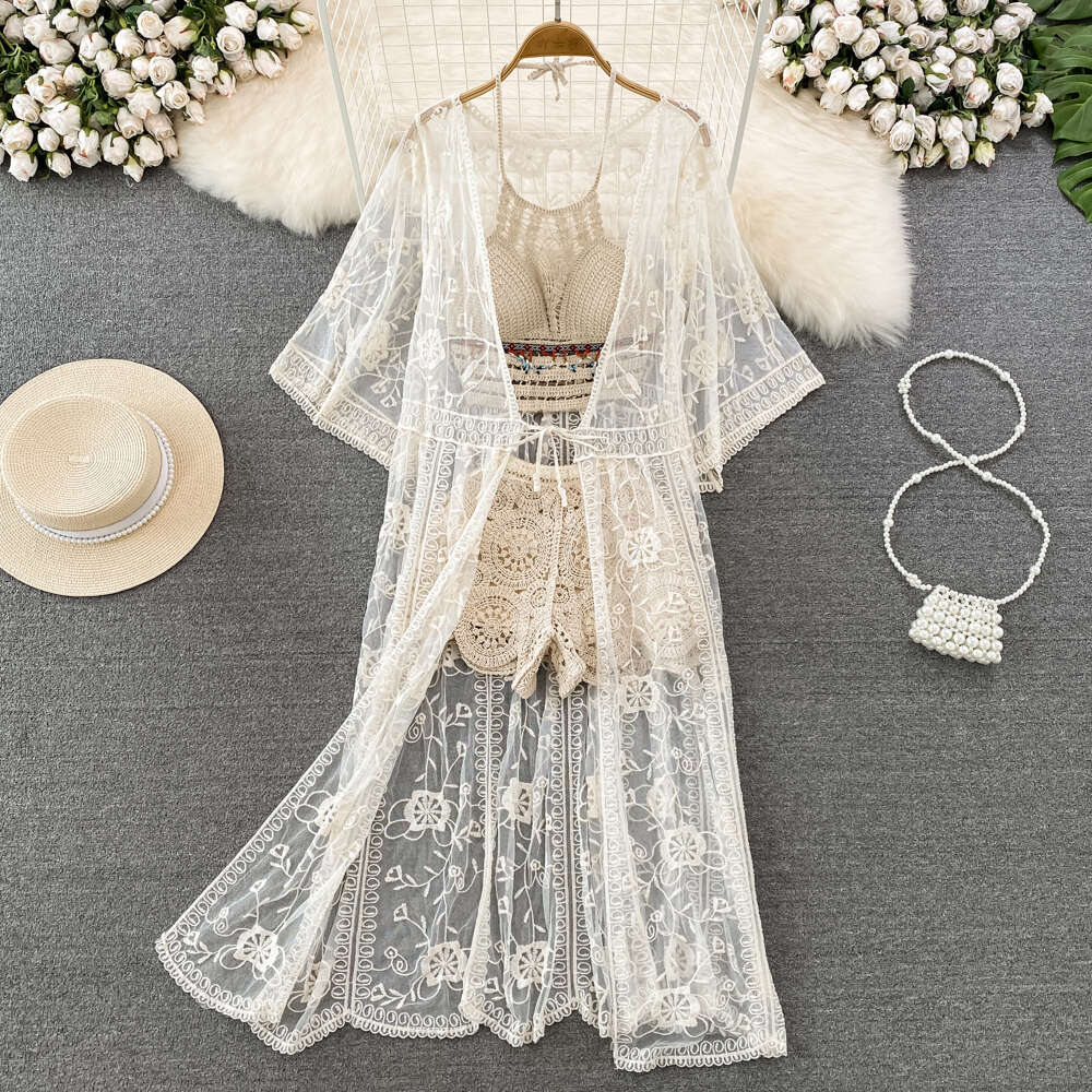 2026 Designer Seaside A13 Vacation Fashion Set Lace Embroidery Medium length Sunscreen cardigan Tank Top Wide Leg Shorts