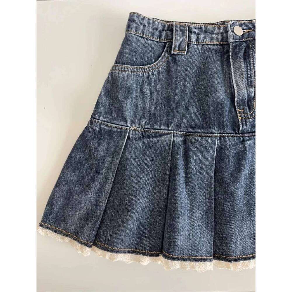 Women Blue A-line Denim Vintage Aesthetic Y2k Patchwork Lace Jean Skirt Harajuku Korean Cowboy Skirts 2000s Clothes Summer Z260314