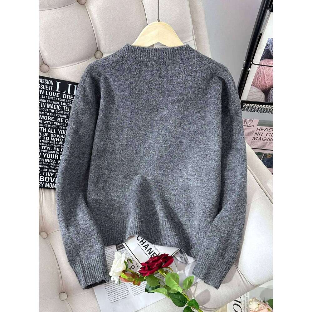 Simple Dark Gray Knitted Cardigan Autumn Round Neck Women's Sweater Jacket Korean Casual Fashion Female Knitting Coat Z260313