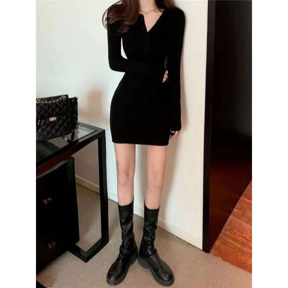 Autumn Winter Mini Dress Women V Neck Button Sexy Sweater Elegant Bodycon Dresses Long Sleeve Robe Short Skirt Waist Solid Z260313