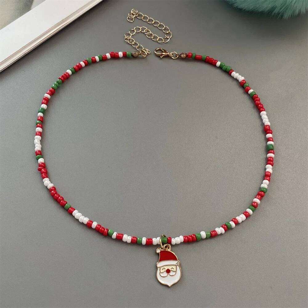 Christmas Necklaces for Women Girls Handmade Rice Beads X'mas Tree Santa Claus Snowman Gift Necklace Pendant New Year Jewelry H260312