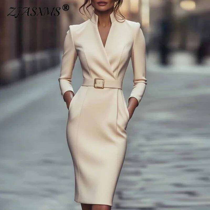Vestidos Mujer Casual Solid Slim Bodycon Woman Elegant V Neck High Waist Party Dresses Fall Long Sleeve Pockets Work Dress Z260314