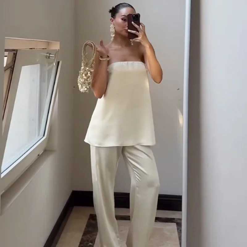 HXAO Satin Pant Sets Womens Two Pieces Set Strapless Off Shoulder Tube Vest 2 Piece Sets Woman Outfit High Waist Trousers Sets M260313