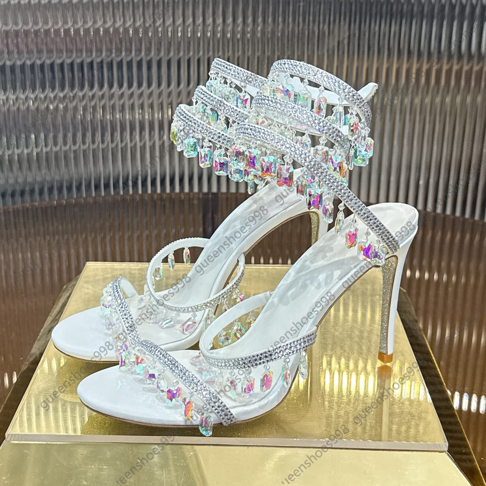 Top Square Crystal 9.5CM High Heel Sandals Womens Luxury Designer Shoes Fashion Flower Serpentine Wrapped Ankle with Rhinestones Wedding Shoes Party Formal Shoes