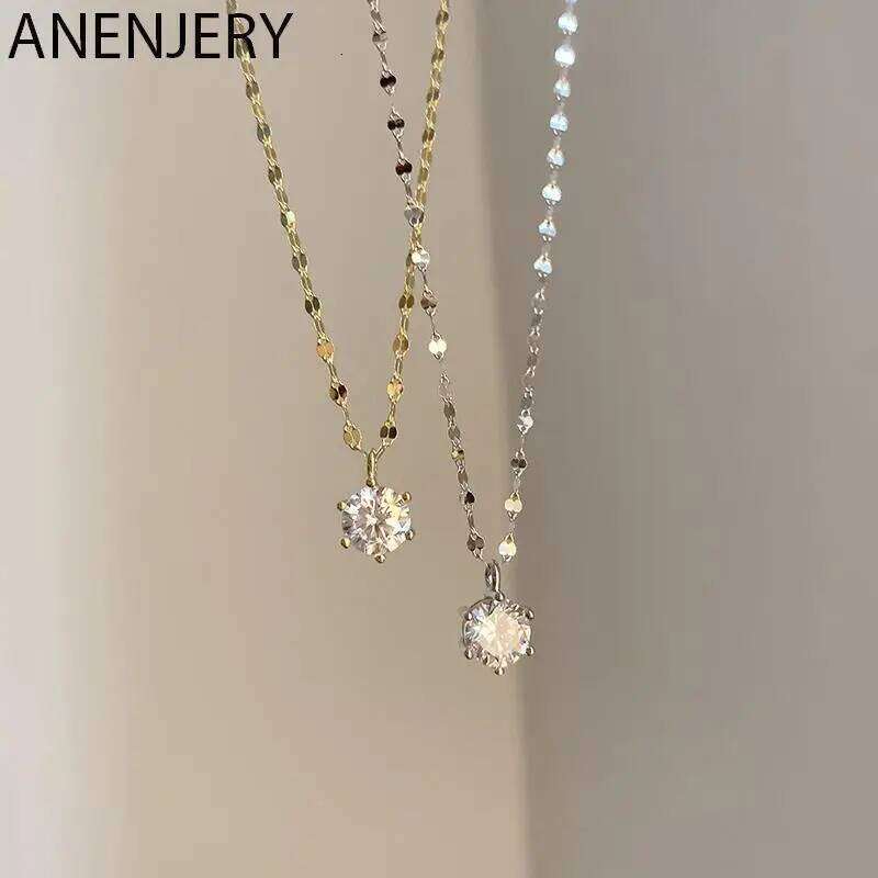 ANENJERY Silver Color Single Necklace for Women Six Claws Zircon Clavicle Chain Wedding Party Jewelry H260312