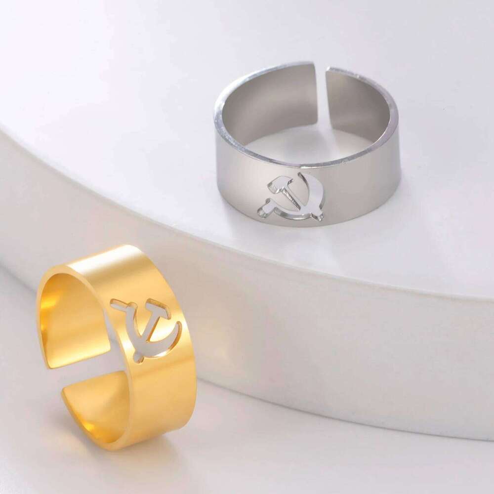 Lemegeton 2024 USSR Symbol Logo Hammer Sickle Ring Stainless Steel Opening Adjustable Vintage Jewelry Party Accessories H260312