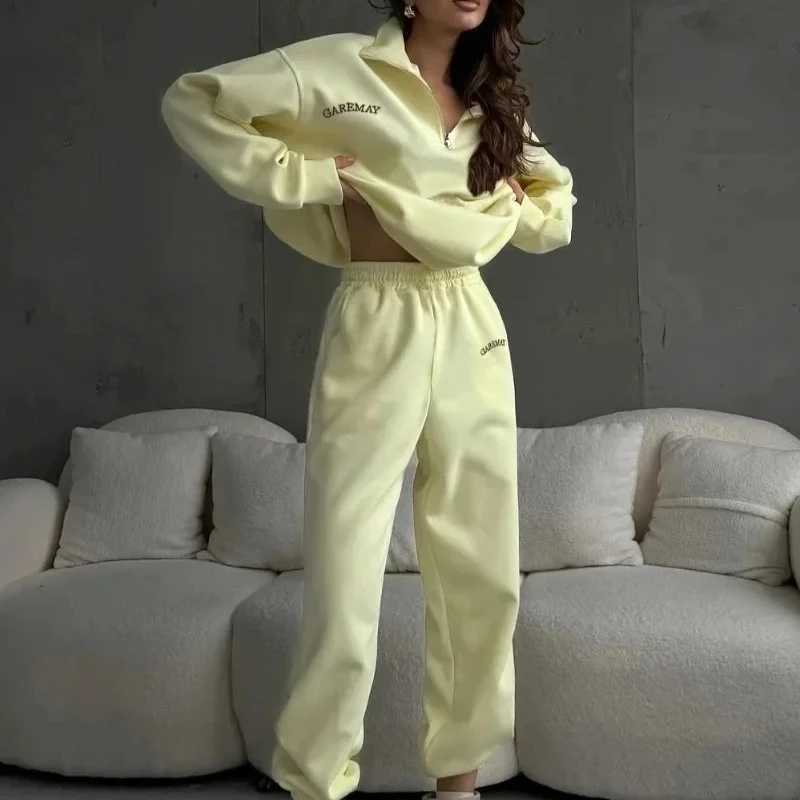 Spring Womens Tracksuit with Zipper Cotton Oversize Classic Pink Two Piece Set Women Casual Yellow Trouser Suits for Women M260313
