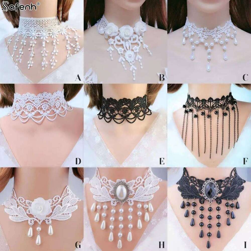 Gothic Victorian Black Necklace Women Girl Boho Crystal Tassel Sexy Lace Choker Steampunk Dark Loli Style Halloween Jewelry H260312