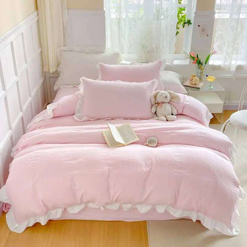 Korean Princess Style Duvet Cover Set No Filling Pink Blue Soft Washed Cotton Girls Favorite Ruffles Bed Linen Pillowcases H260312 - view 6