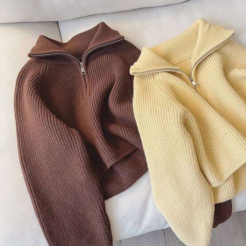 2024 Autumn New Korean Style Versatile Basics Half-zipper Loose Lapel Winter Long-sleeved Lazy Sweater Pullover Top Z260314