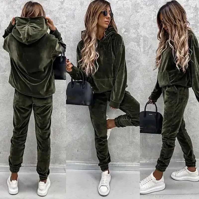 New casual womens suit solid color hooded sweatpants fall 2 piece set comfortable suede womens clothing corset trousers sets M260313