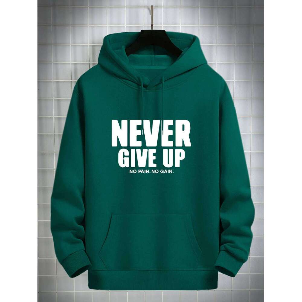 Men'S Never Give Up Print Fleece-Lined Pullover Kangaroo Pocket Stylish Streetwear Fall Casual Wear Hoodie Z260314